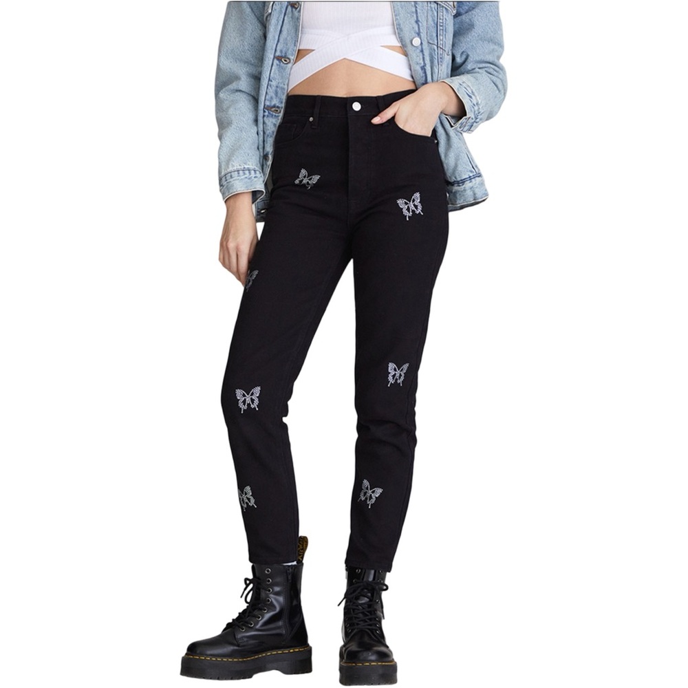 PacSun Women Black Butterfly Stud Ultra High Rise Slim Button Fly Jeans 25 Waist